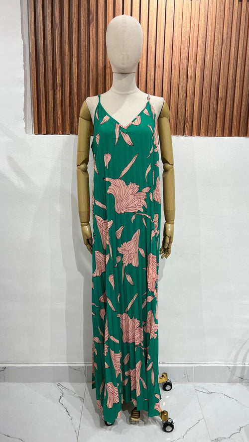 VESTIDO PLIZADO FLORES AQUA