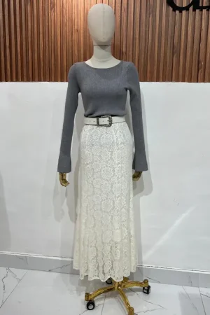 FALDA MIDI ENCAJE BLANCO