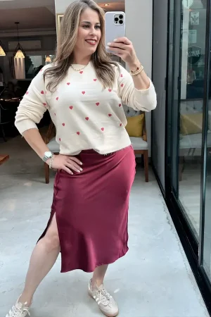Falda Midi Satinada Color Vino con Abertura Lateral
